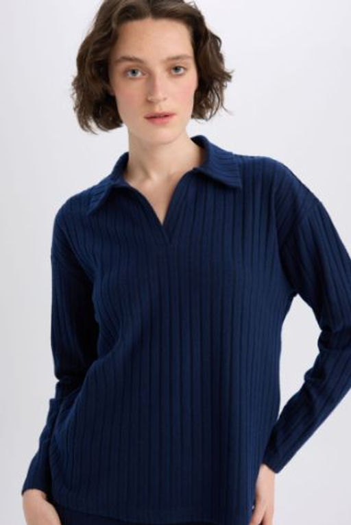 Relax Fit Polo Yaka Basic Duzl Fitilli Kaskorse Uzun Kollu Tisort