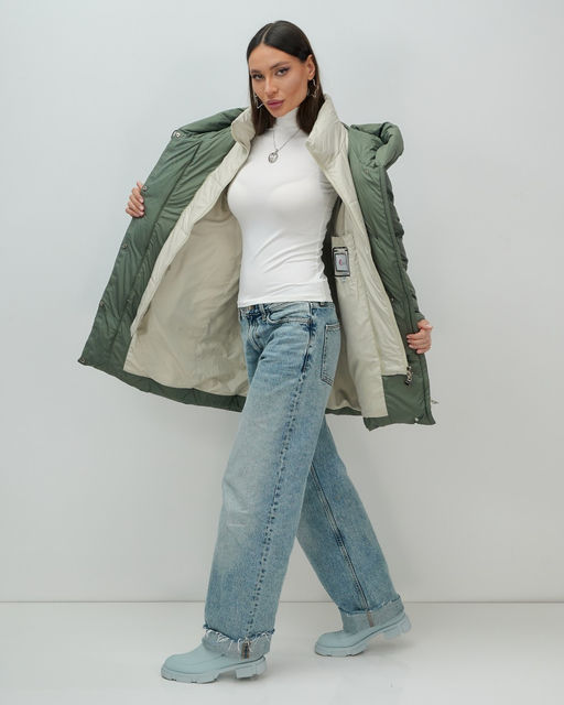 Куртка двубортная женская зимняя с капюшоном цвета хаки 7736Kh Бренд: Visdeer  фото 18