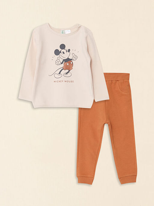 Bisiklet Yaka Uzun Kollu Mickey Mouse Bask?l? Organik Pamuklu Erkek Bebek Sweatshirt ve Pantolon 2li Tak?m