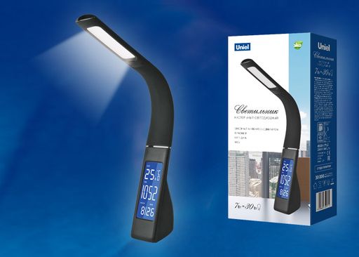 TLD-550 Black/LED/260Lm/4500K/Dimmer Светильник настольный с часами, календарем, термометром, 7W. Сенсорный выключатель. Черный (стилизован под кожу). ТМ Uniel