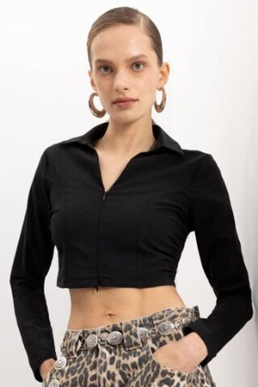 Siyah Fitted Vucuda Oturan Gomlek Yaka Fermuarl? Bengalin Uzun Kollu Crop Basic Duz Bluz