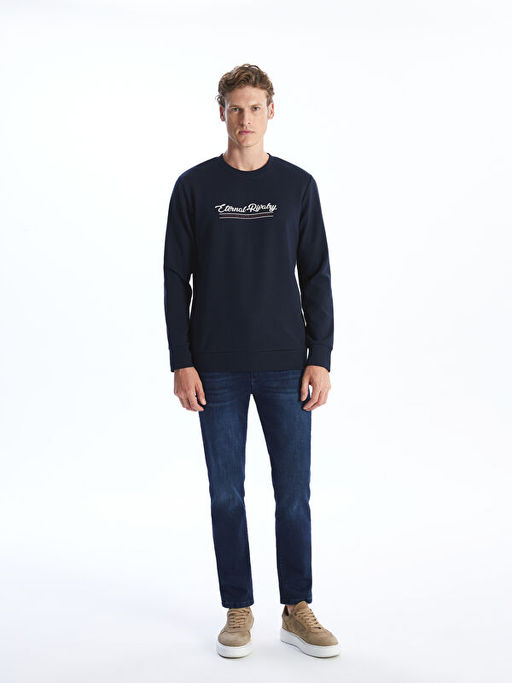 Bisiklet Yaka Uzun Kollu Bask?l? Erkek Sweatshirt