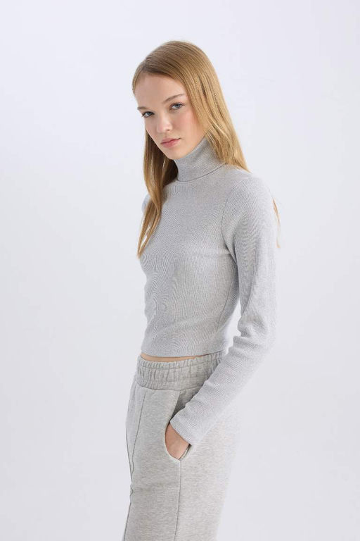 Классная облегающая водолазка в рубчик, базовая однотонная футболка с длинными рукавами - Defacto фото 5