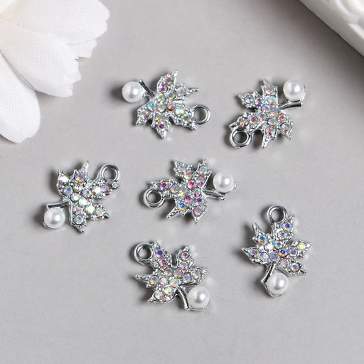 Цена за 6 шт. Декор для творчества металл, стразы Кленовый листик с бусиной серебро 1,3х1,8 см - Арт узор фото 2