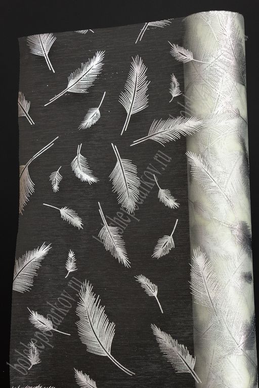 Органза 48 см*5 ярд "Перья" (SF-3133) серебряный/кремовый