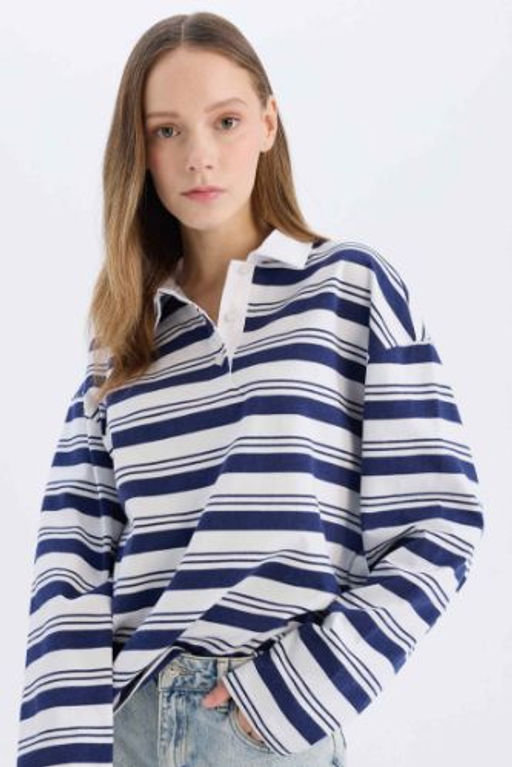 Coool Loose Fit Polo Yaka Cizgili Uzun Kollu Tisort