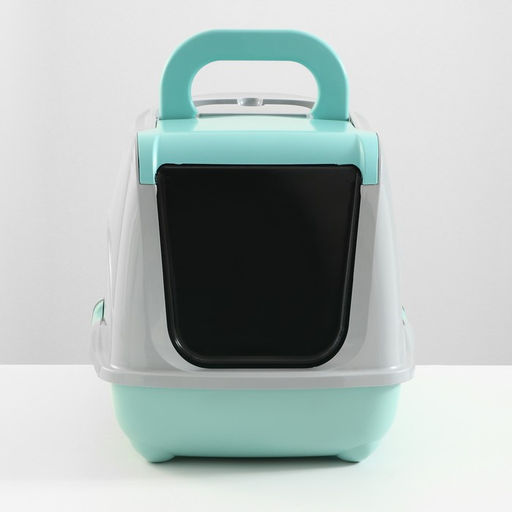 Туалет-домик для кошек закрытый с дверцей 50*38*37 см, бирюзово-серый - Пижон фото 2