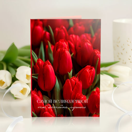 Открытка 4 шоколадки Самой великолепной (красные тюльпаны)