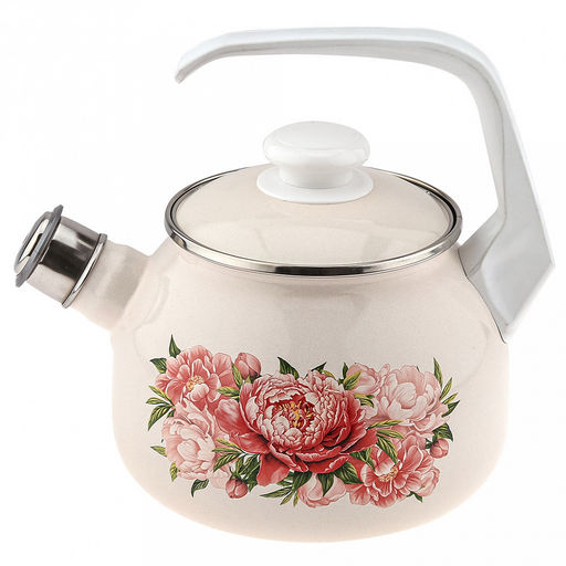 "Букет пионов" Чайник эмалированный 2,5л, со свистком, сферическая форма, металлическая крышка (Россия)