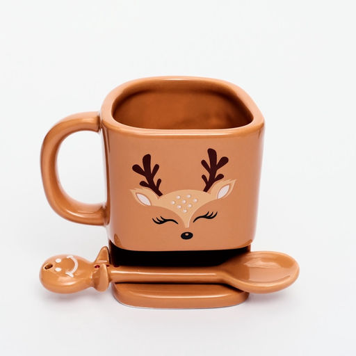 Кружка керамическая новогодняя Олененок, 200 мл, с ложкой
