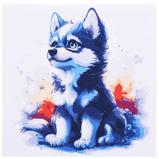 Холст с красками 20х20 по номерам "Красочный малыш хаски" в коробке (16цв.)