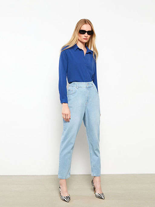 Kad?n Y?ksek Bel Rahat Kal?p D?z Jean Pantolon