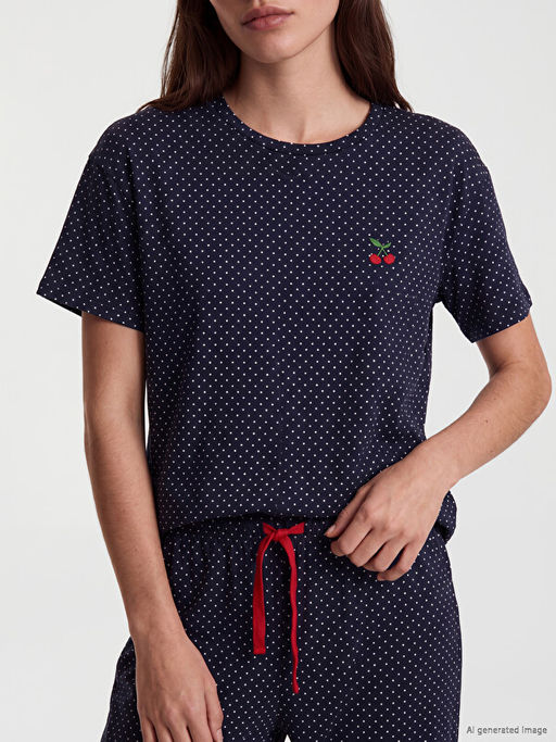 Bisiklet Yaka Puantiyeli Kad?n Pijama Tak?m