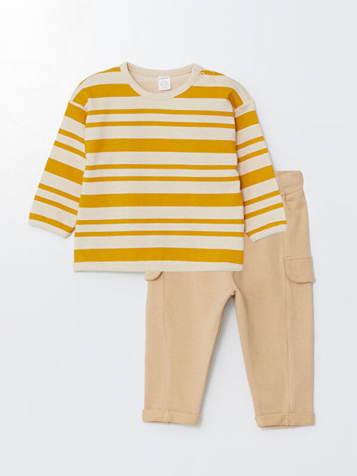 Bisiklet Yaka Uzun Kollu ?izgili Erkek Bebek Sweatshirt ve E?ofman Alt 2li Tak?m