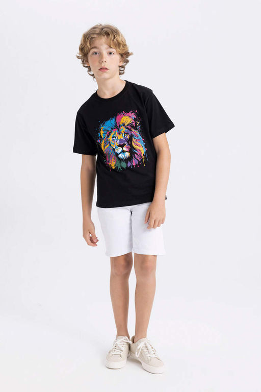 Футболка с короткими рукавами и круглым вырезом для мальчиков с принтом льва - Defacto фото 2