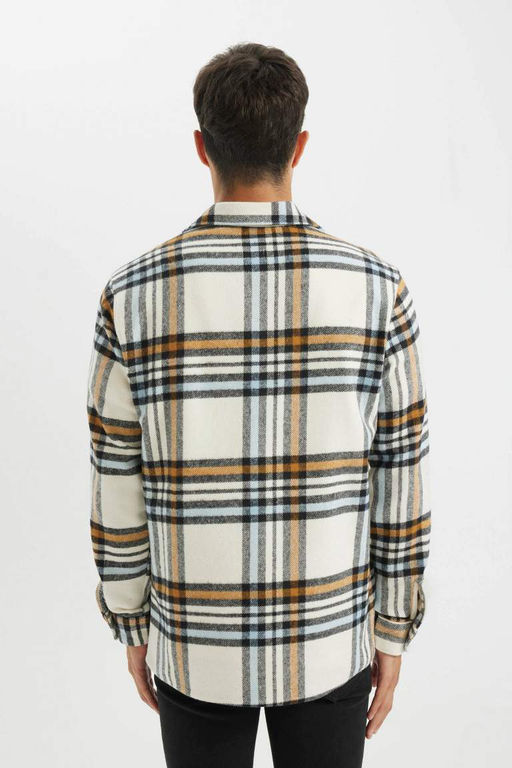 Фланелевая рубашка стандартного кроя с воротником поло и длинными рукавами в клетку - Defacto фото 6