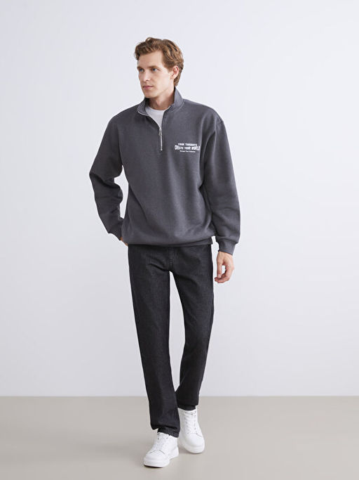 Dik Yaka Bask?l? Erkek Sweatshirt