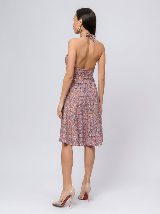 Платье розовое с цветочным принтом длины мини с завязками на шее - 1001dress фото 3