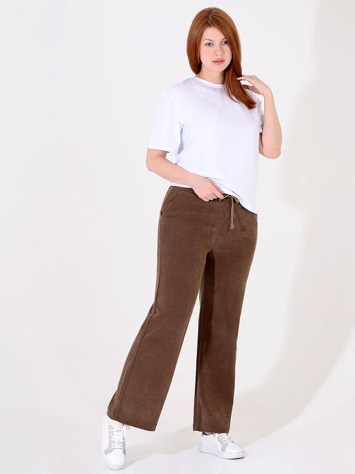 Брюки из микровельвета прямые коричневые женские