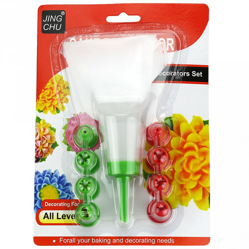 Кондитерский набор 11 предметов "Декор": мешок для крема п/эт; насадка пластик - 9 штук; фиксатор для насадок пластик, в блистере (Китай)