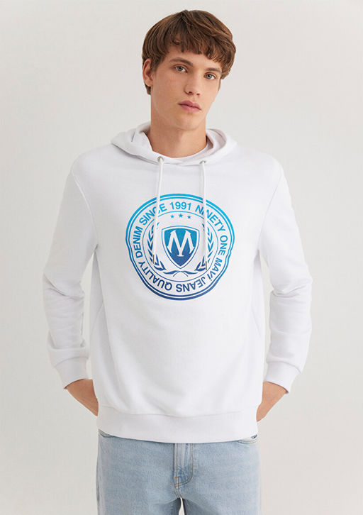Muhur Logo Bask?l? Kapusonlu Beyaz Sweatshirt - Mavi фото 3