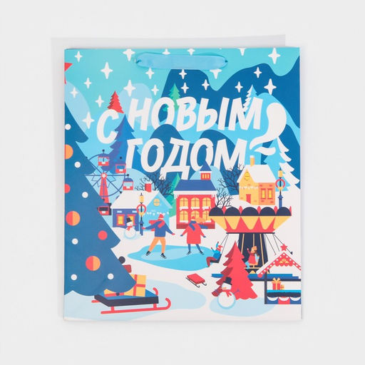 Пакет подарочный новогодний ламинированный «Зима в городе», M 26 х 30 х 9 см