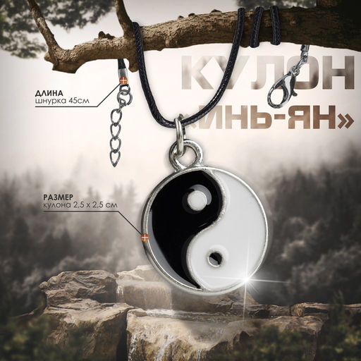 Кулон на шнурке «Инь-ян», чёрно-белый в серебре, 45 см