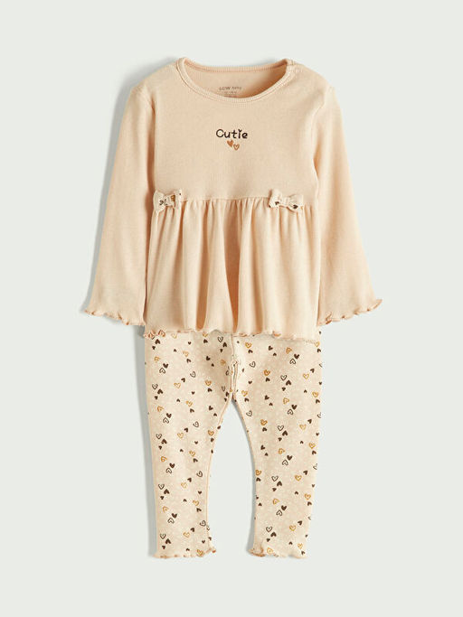 Bask?l? F?rf?r Detayl? K?z Bebek Bluz ve Tayt