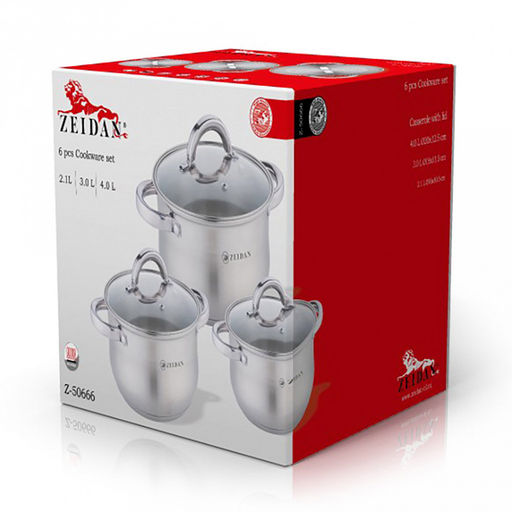 "Zeidan" Набор кастрюль из нержавеющей стали 3 штуки: 2,1л д16см, 3,0л д18см, 4,0л д20см, стеклянные крышки, 5-и слойное капсулированное дно, внутренняя - матовая полировка, снаружи - комбинированная полировка, подарочная коробка (Китай) Подходит дл