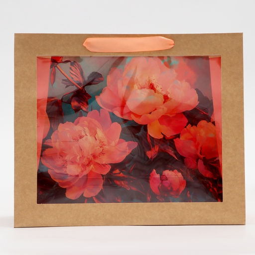 Пакет подарочный с PVC окном, Пионы, 31?11?26 см