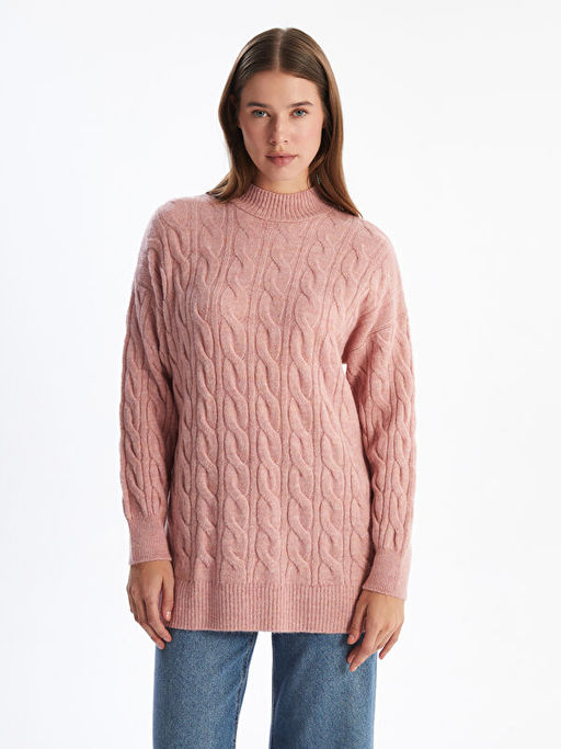 Dik Yaka Kendinden Desenli Kad?n Triko Tunik