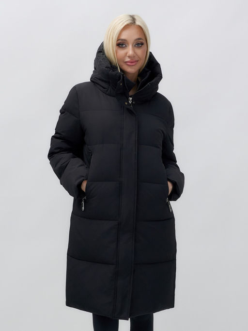 Куртка зимняя женская с капюшоном удлиненная стеганная черного цвета 9629Ch