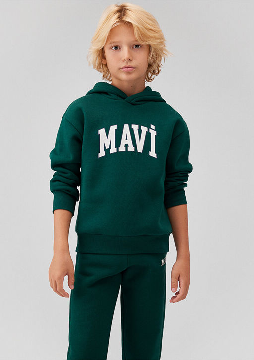 Mavi Logo Bask?l? Kapusonlu Yesil Sweatshirt
