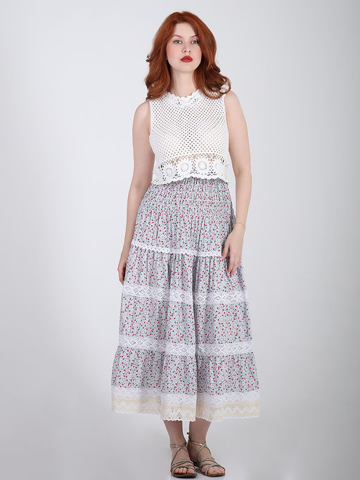 Дизайнерская юбка летняя с кружевом в цветочек - Almond фото 4