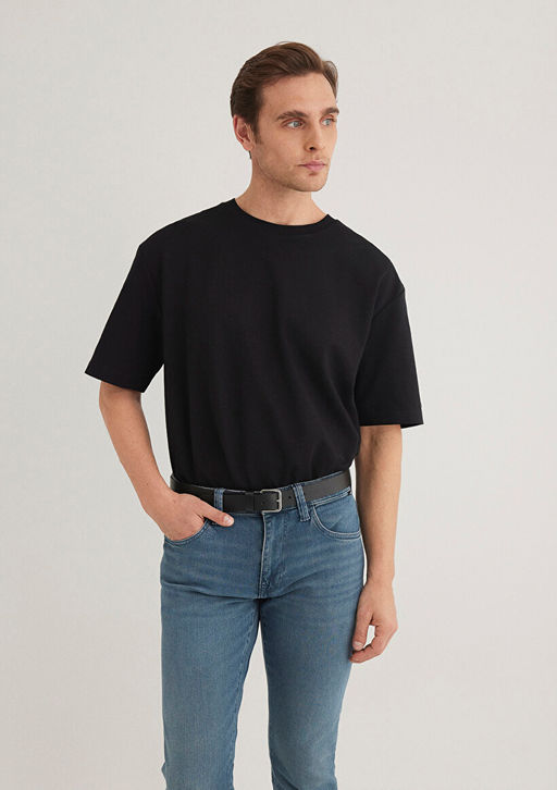 Bisiklet Yaka Siyah Basic Tisort - Mavi фото 2