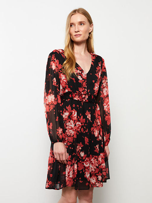 V Yaka Desenli Uzun Kollu ?ifon Kad?n Elbise