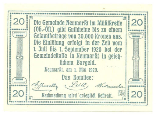 Банкнота 20 геллеров 1920 года Австрия  Нотгельд