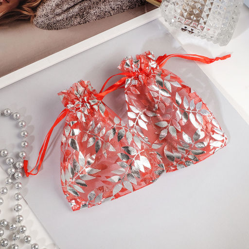 Цена за 100 шт. Мешочек подарочный Веточки 10x12, цвет красный с серебром - Simaland фото 3