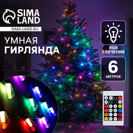 Умная гирлянда Нить 6 м с насадками Лампочки, IP20, тёмная нить, 20 LED, свечение RGB, USB
