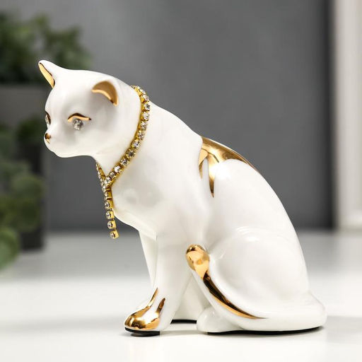Фигурка керамика «Белая кошечка с ожерельем», с золотом, стразы, 10.2 см