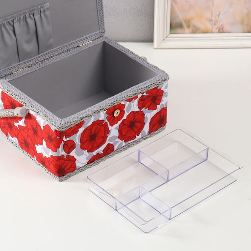 Шкатулка для рукоделия и шитья Красные маки на белом, хранение ниток, иголок, мелочи, 19?26?14.5 см