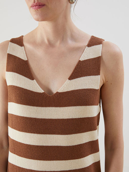 V Yaka ?izgili Kad?n Triko Elbise