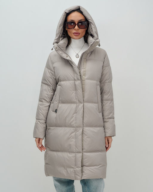 Пальто зимнее утепленное с капюшоном женское бежевого цвета 7618B