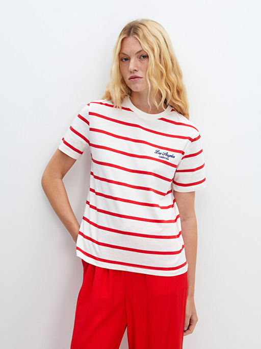 Bisiklet Yaka ?izgili Oversize Kad?n Ti??rt