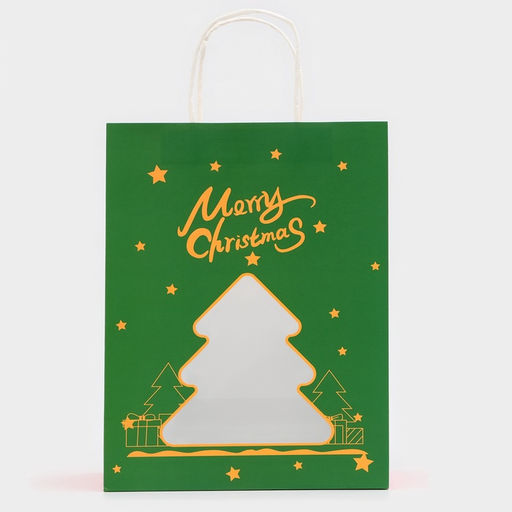 Цена за 2 шт. Пакет подарочный бумажный, с окном «Ёлка» 26×35×16 см, крафт зеленый