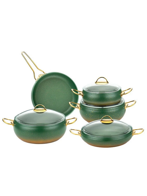 Набор посуды с АПП из 9 (5/4) предметов, крышки стеклянные, цвет: оливковый/золотой, арт. 1000-OLV/G