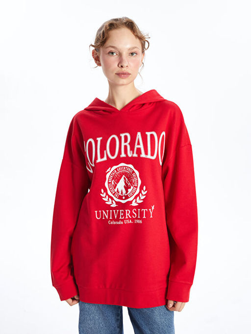 Kap??onlu Bask?l? Oversize Kad?n Kal?n Sweatshirt Tunik