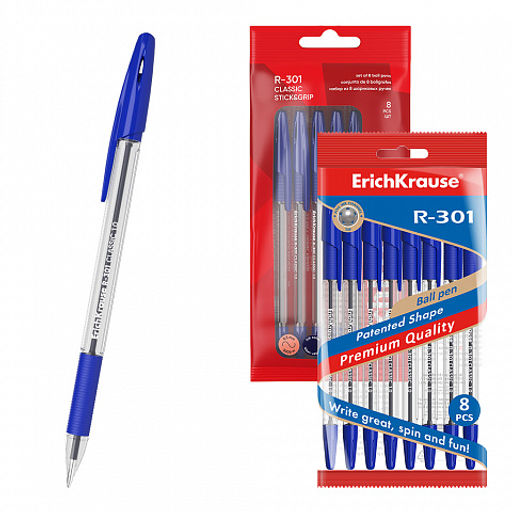 Цена за 50 шт. Ручка шариковая ErichKrause R-301 Stick&Grip Classic 1.0, цвет чернил красный (в коробке по 50 шт.)