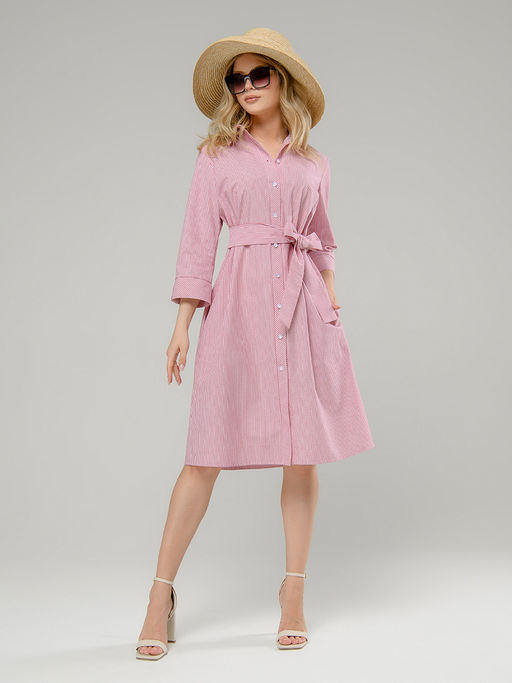 Платье белое в красную полоску длины миди с отложным воротником - 1001dress фото 2