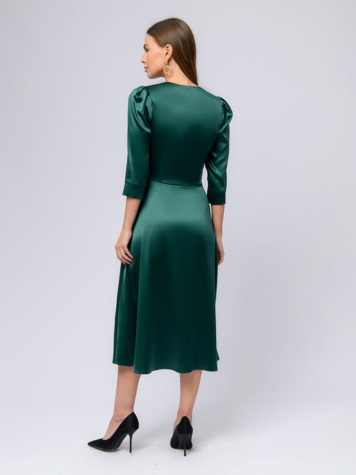 Платье изумрудного цвета длины миди с объемными рукавами и вырезом каре - 1001dress фото 7